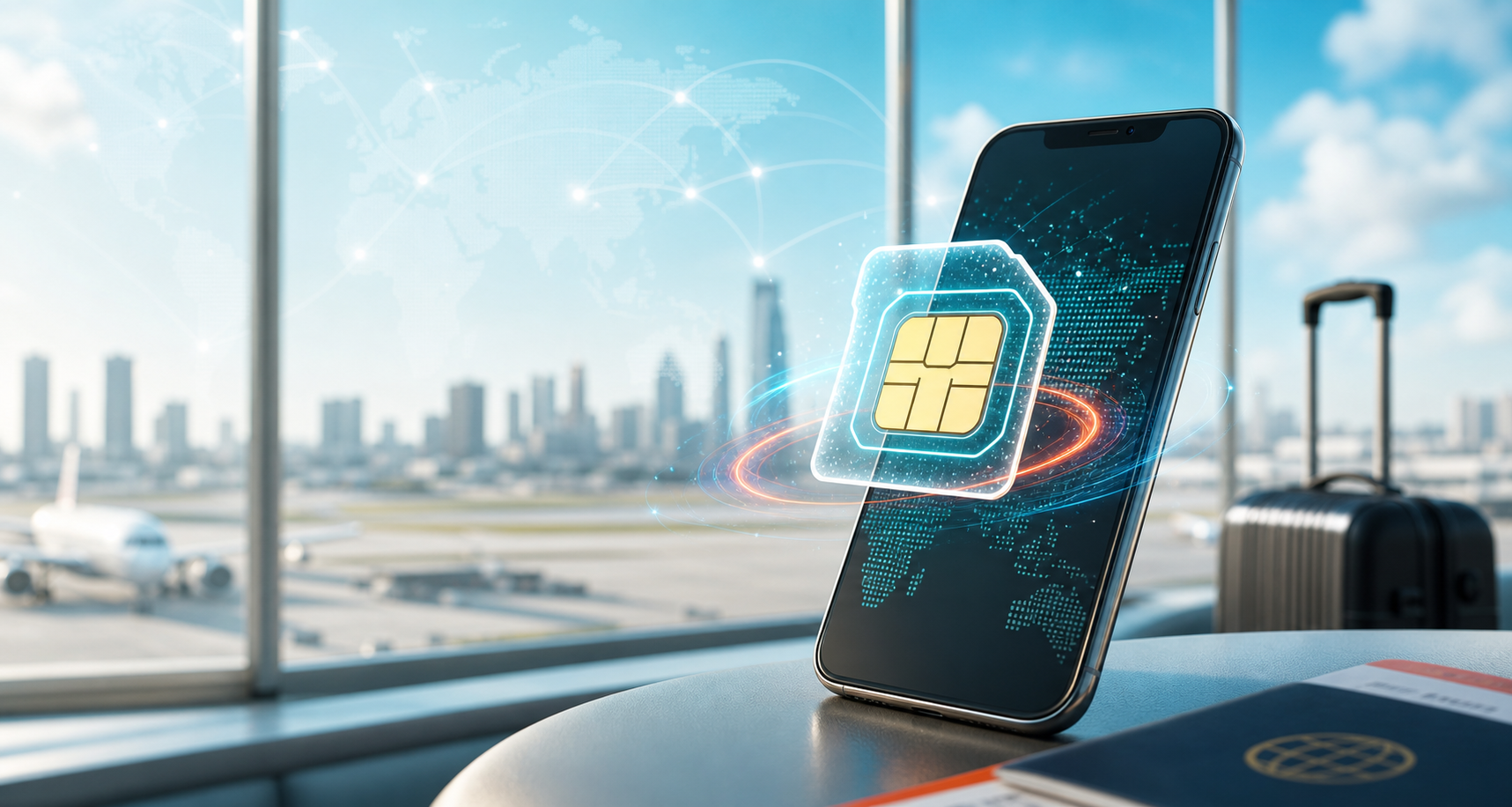 Smartphone showing a digital eSIM connecting to global travel networks